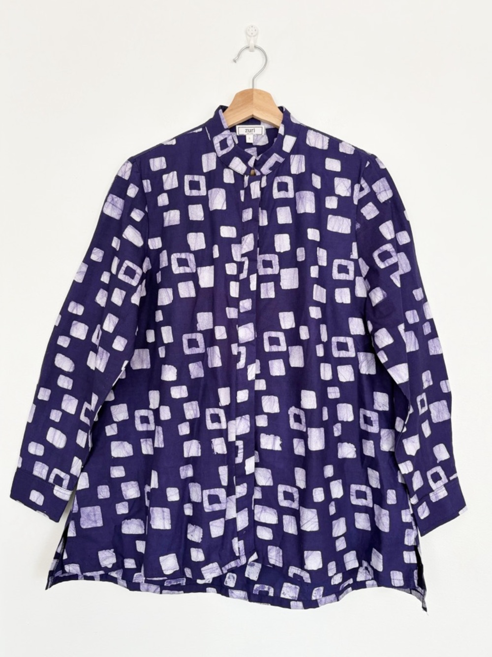 Zuri || Squares Patterned Tunic Top Button Down Blouse Cotton Purple White Small